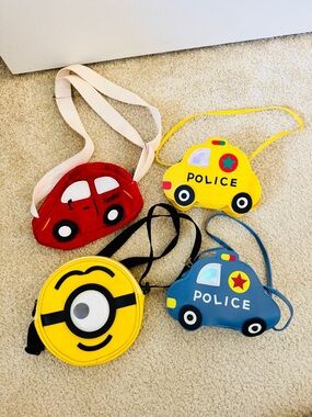 Kids Character Crossbody Bag Set - Red Car, Yellow Police, Blue Police, Minion